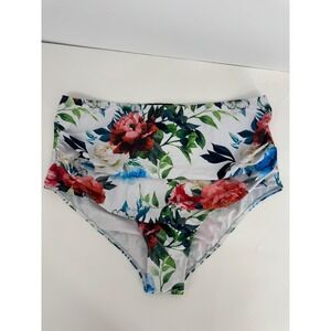 Edel Qual Womens Floral High Waisted Ruched Bikini Bottoms White Red Blue Sz XXL